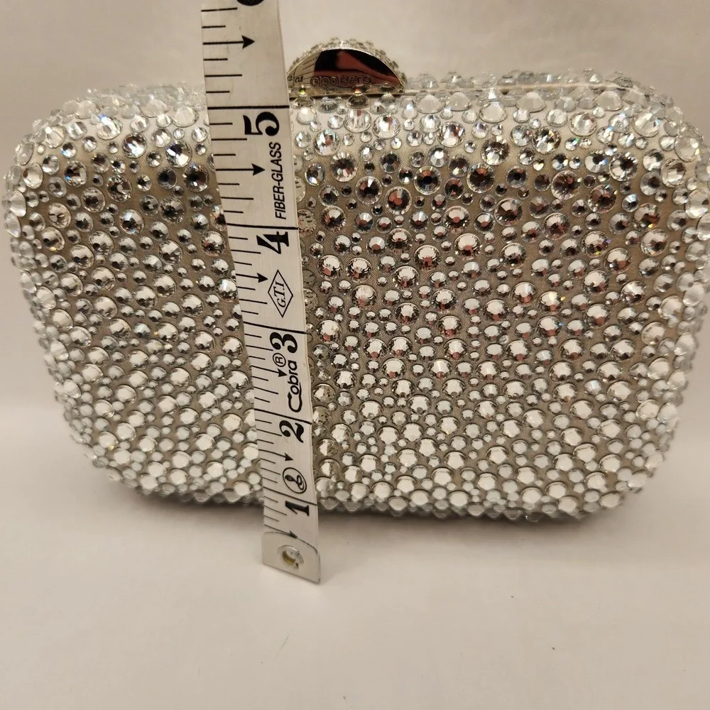 New Olga berg Casey Hot Fix Crystal Encrusted Clutch Purse Silver Evening Fancy
